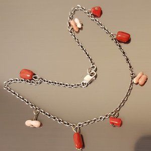 Vintage STERLING SILVER Anklet or Large Bracelet Carnelian and Pink Agate Stones